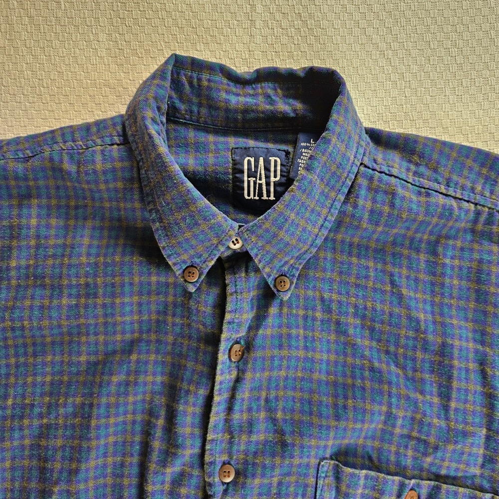 Vintage Gap Men L Plaid Flannel Button Down Shirt Blue Green 90s Grunge Indie